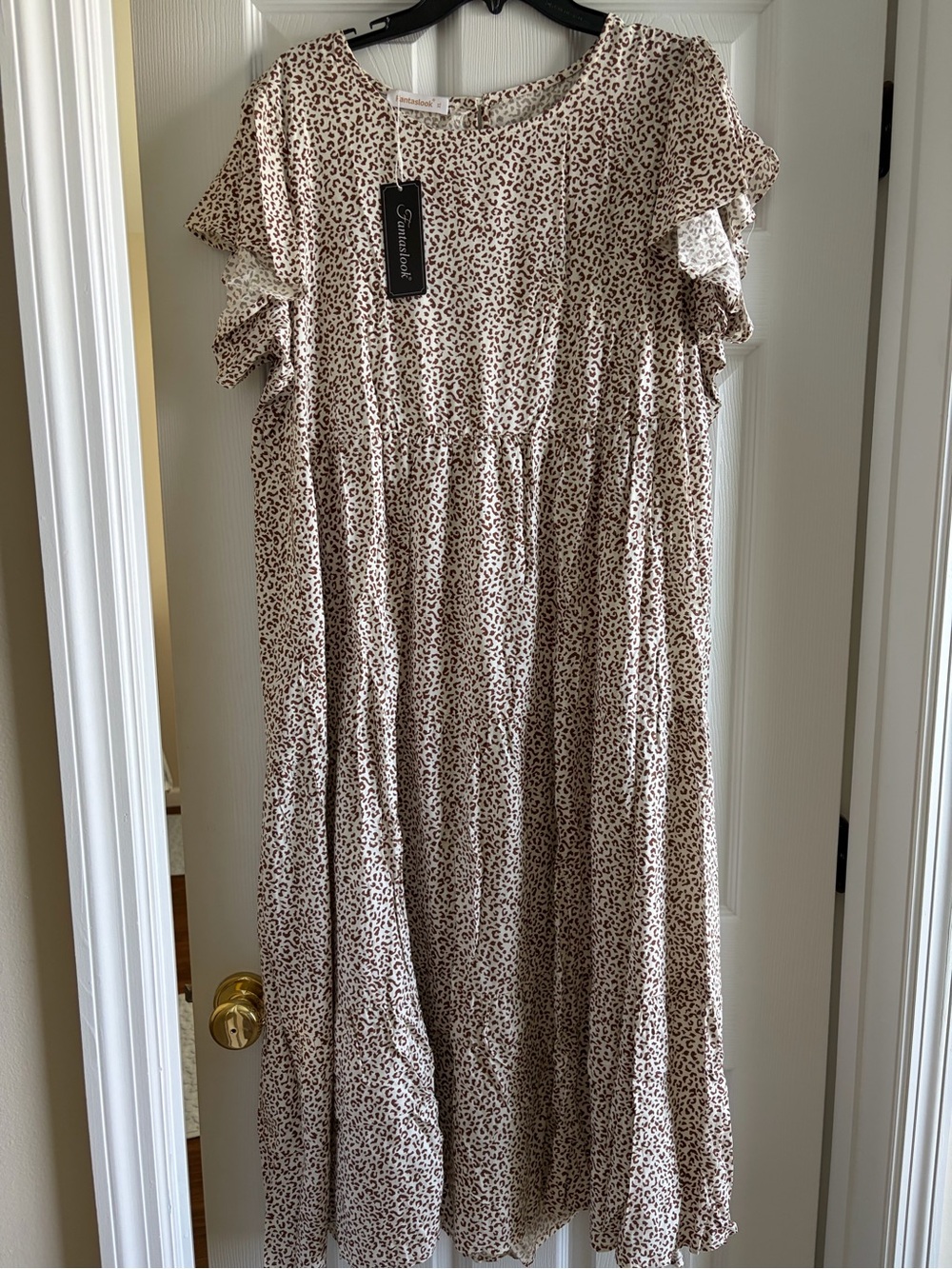 Girls Cream Leopard-Print Ruffle Sleeve Dress